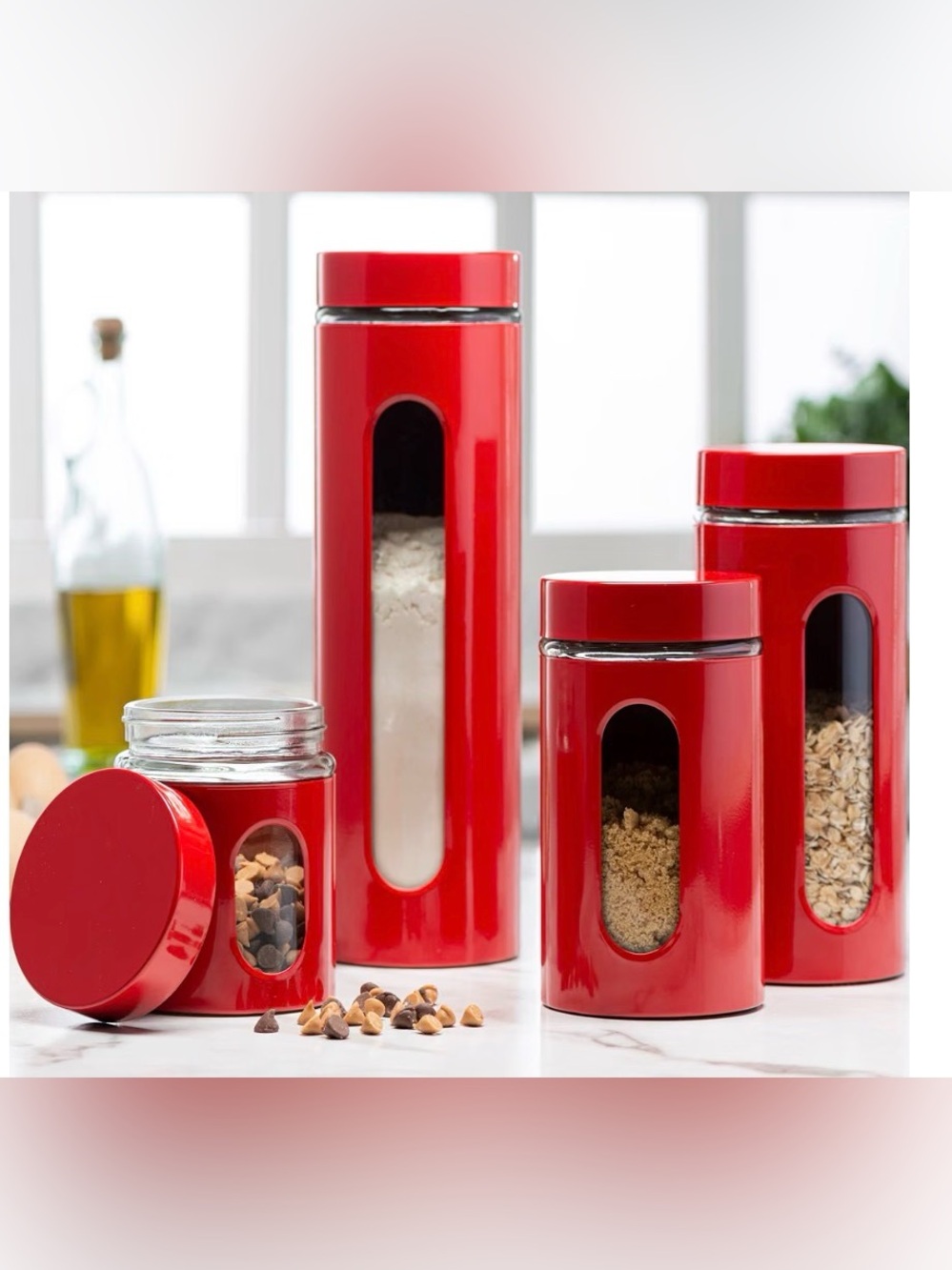 Red Stainless Steel Canister Set for Kitchen Counter